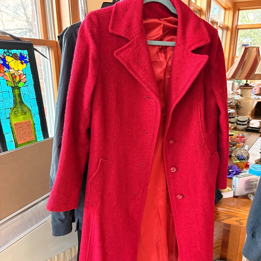 Retro Vintage Red Boiled Wool Mid-Length Lined Tailored Statement Overcoat